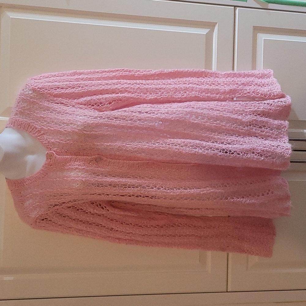 Baby pink hand made crochet loose weave button front Cardigan sweater S